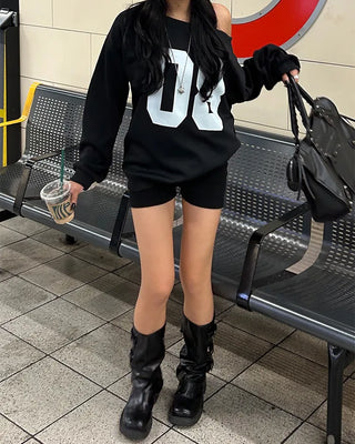 2-Way Shoulder Number Balloon Sleeve Sweatshirt
