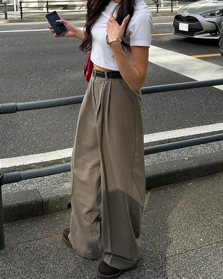 Pinstripe center-pleated wide-leg slacks