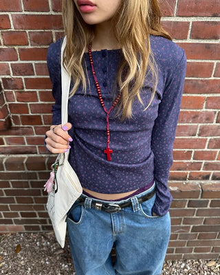 Flower Henley Neck Pointelle Long T-Shirt