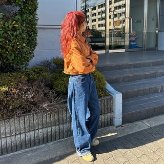 Wide-leg denim pants with elastic waistband