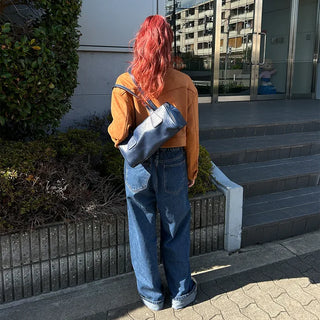 Wide-leg denim pants with elastic waistband