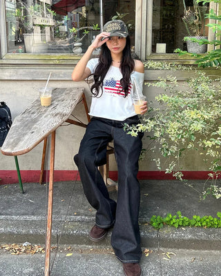 Back pocket stitch wide rigid denim pants