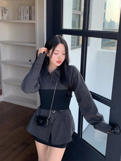 [3-Piece Set] Solid Top, Belt & Blouse