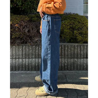 Wide-leg denim pants with elastic waistband