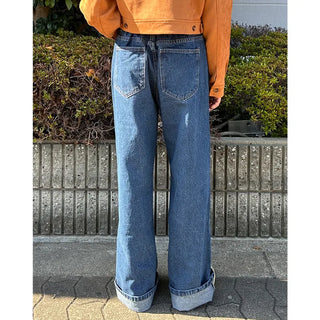 Wide-leg denim pants with elastic waistband