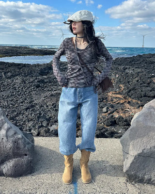Two-button denim wide-leg pants