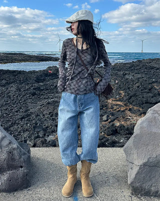 Two-button denim wide-leg pants