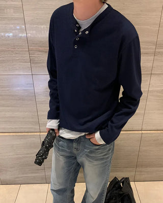 (Unisex) Henley Neck Long Sleeve T-Shirt