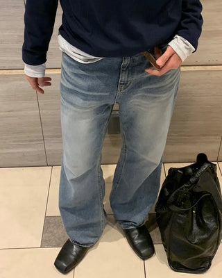 Washed semi-flare denim pants
