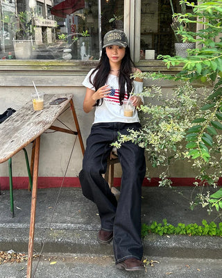Back pocket stitch wide rigid denim pants