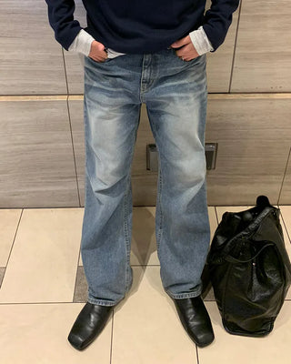 Washed semi-flare denim pants