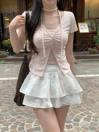Shirred Sleeveless Cardigan Set