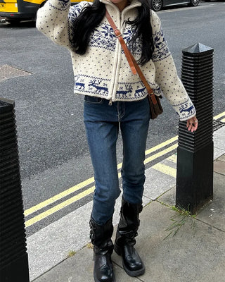 Polka Dot Reindeer Nordic Double Zip Knit Blouson