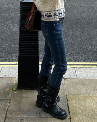 Square-toe triple-strap mid-calf boots