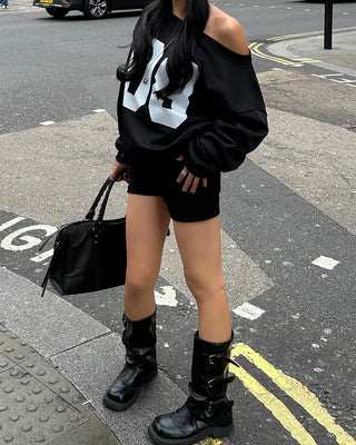 2-Way Shoulder Number Balloon Sleeve Sweatshirt