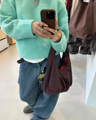 Tartan check one-shoulder hobo bag