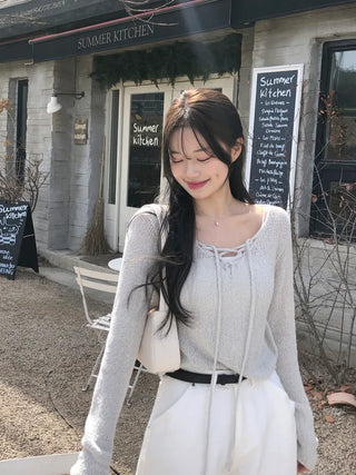 [2pcs] Boucle string V-neck knit