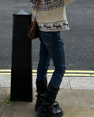 Square-toe triple-strap mid-calf boots