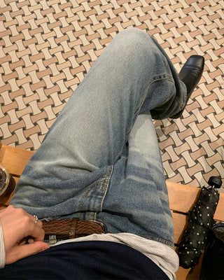 Washed semi-flare denim pants