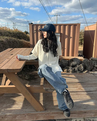 Two-button denim wide-leg pants