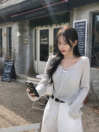 [2pcs] Boucle string V-neck knit
