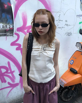 Pindot Ribbon Gathered Elastic Tank Top