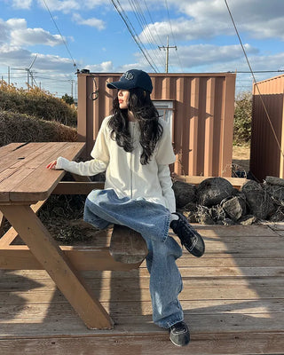 Two-button denim wide-leg pants