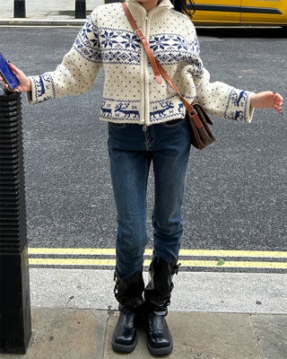 Polka Dot Reindeer Nordic Double Zip Knit Blouson