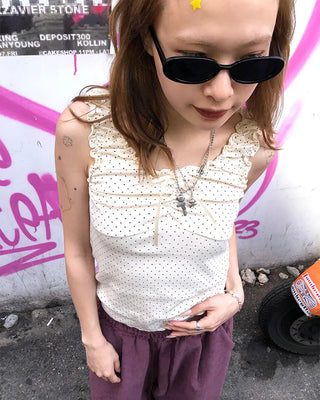 Pindot Ribbon Gathered Elastic Tank Top