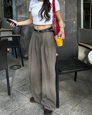 Pinstripe center-pleated wide-leg slacks