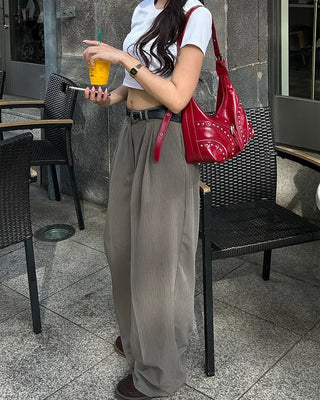 Pinstripe center-pleated wide-leg slacks