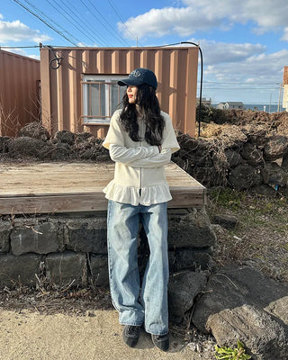 Two-button denim wide-leg pants