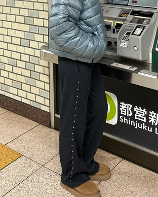 Side-studded ribbed knit easy pants