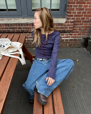 Flower Henley Neck Pointelle Long T-Shirt
