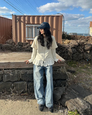 Two-button denim wide-leg pants