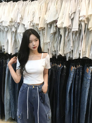 [2-way] Asymmetrical Shoulder Short-Sleeve T-Shirt (6 colors)