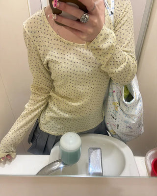 2-way neck floral rib long T-shirt