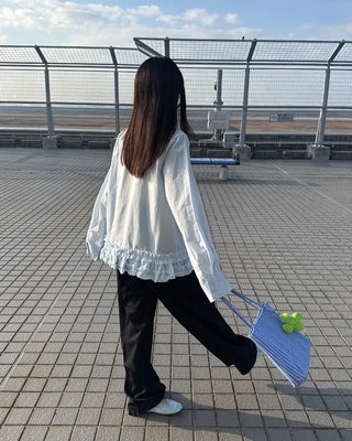 Two-pleat, center-creased wide-leg slacks