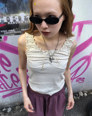 Pindot Ribbon Gathered Elastic Tank Top