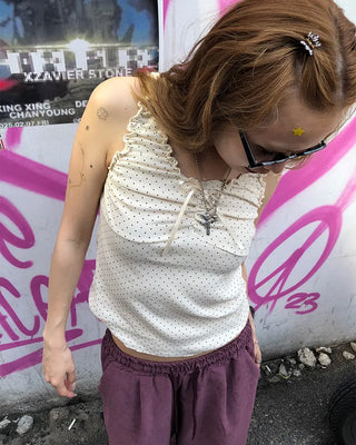 Pindot Ribbon Gathered Elastic Tank Top