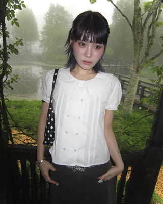 [6th Re-release] (ORIGINAL) Heart Button Lace Puff Blouse