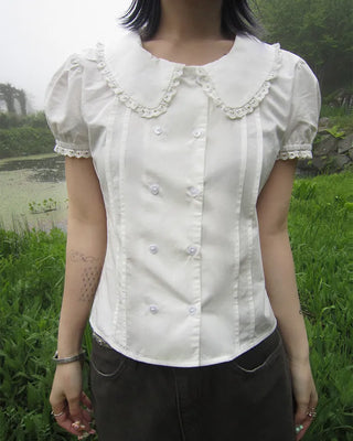 [6th Re-release] (ORIGINAL) Heart Button Lace Puff Blouse