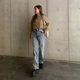 Round neck waffle cardigan