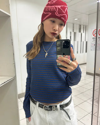 Oblong neck round hem border ribbed long T-shirt