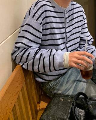 Striped round neck cardigan