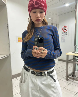 Oblong neck round hem border ribbed long T-shirt