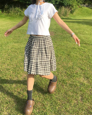 Tartan check tiered midi skirt