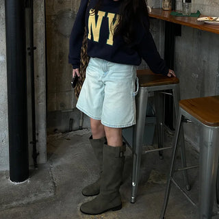 Belted suede long boots