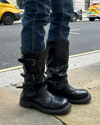 Square-toe triple-strap mid-calf boots