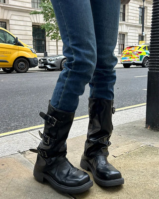 Square-toe triple-strap mid-calf boots